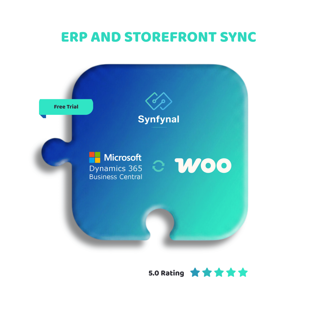 Plugin for Mircosoft dynamics Business Central and WooCommerce Storefront sync. Blue puzzle piece with both brands, and a free trial